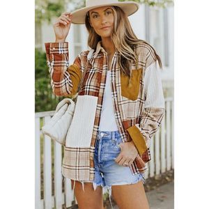 Azura Exchange  Orange Plaid Color Block Patchwork Shirt Jacket with Pocket